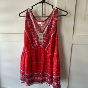 Weekend Suzanne Betro Red Floral‎ Print V Neck Button Detail Empire Tank 4X